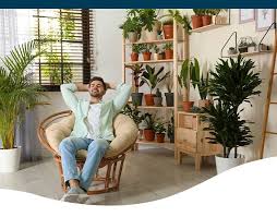 رجل يجلس مرتاحاً بين النباتات في منزله